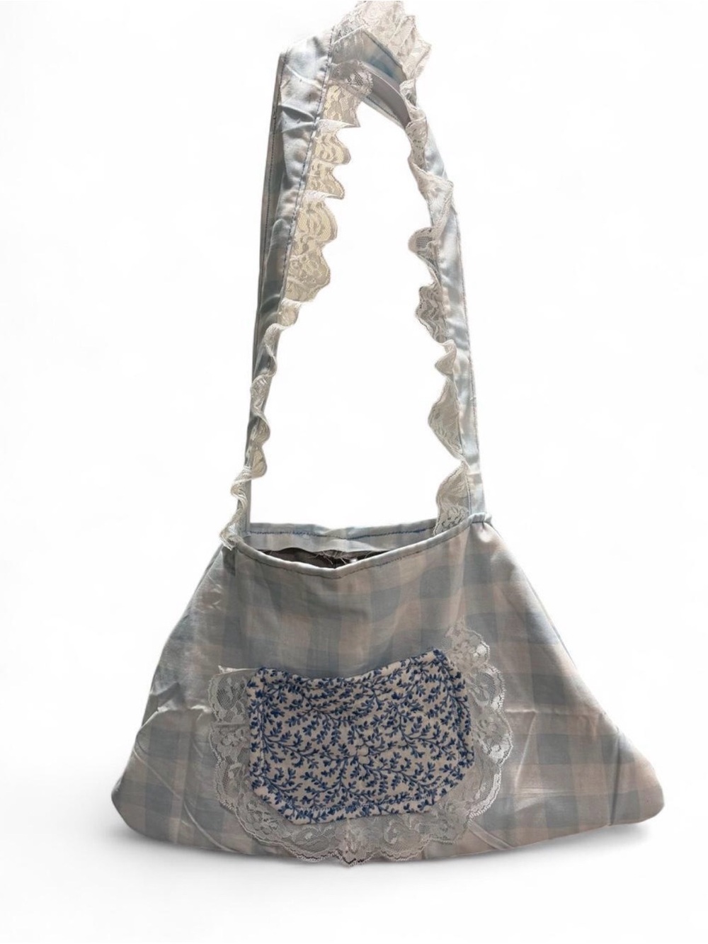Light Blue Plaid Crossbody Bag with Lace Trim and Floral Pocket